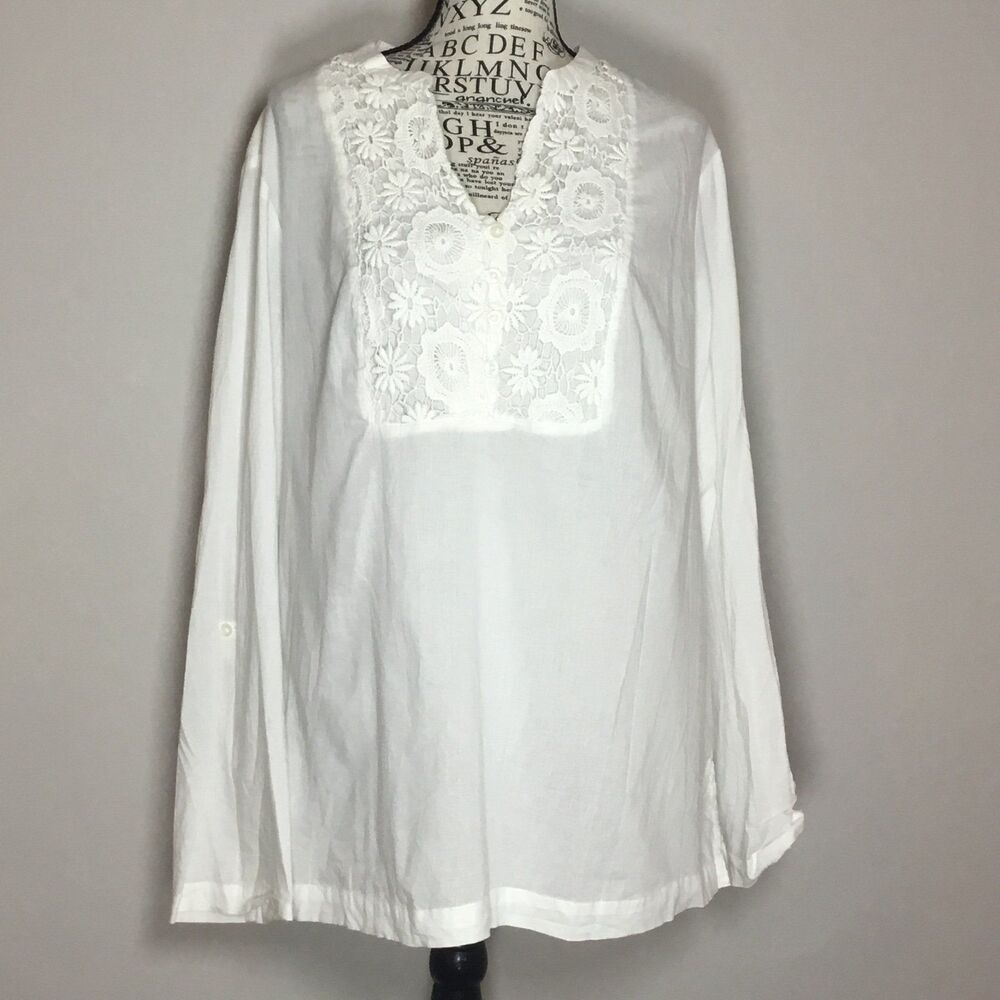White cotton crochet detail blouse white pleat black hippie prairie fairy XL